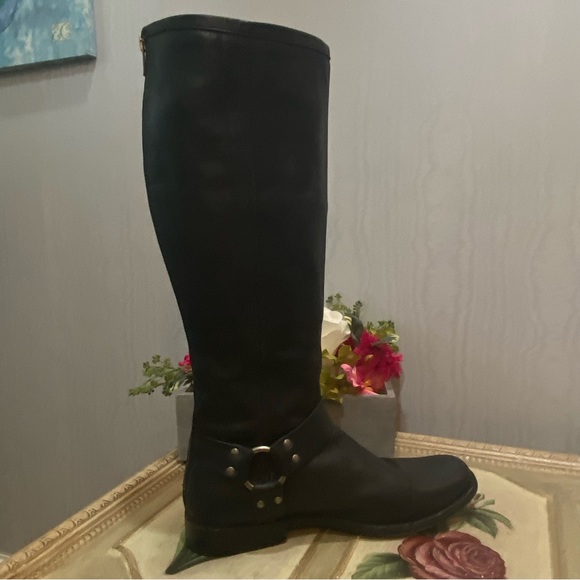 Frye Phillip Tall Black Leather Boots Back Zip Moto Equestrian Harness Sz 9.5 - Picture 4 of 16